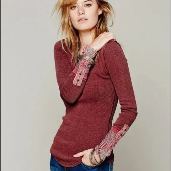 We The Free Sweaters - We The Free People Kyoto Cuff Thermal Long Sleeve Waffle Boho Shirt Red Mulberry